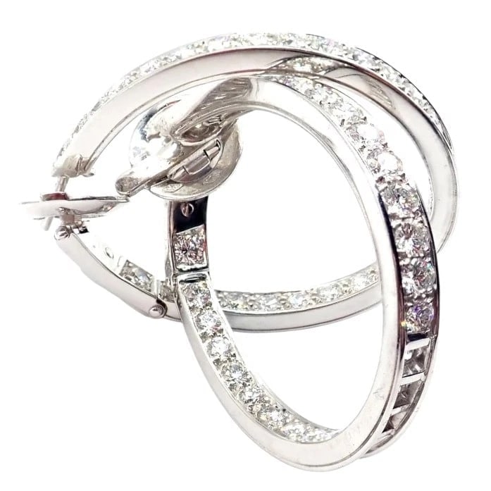 Authentic! Van Cleef & Arpels 18k White Gold Diamond Large Hoop Earrings - 18