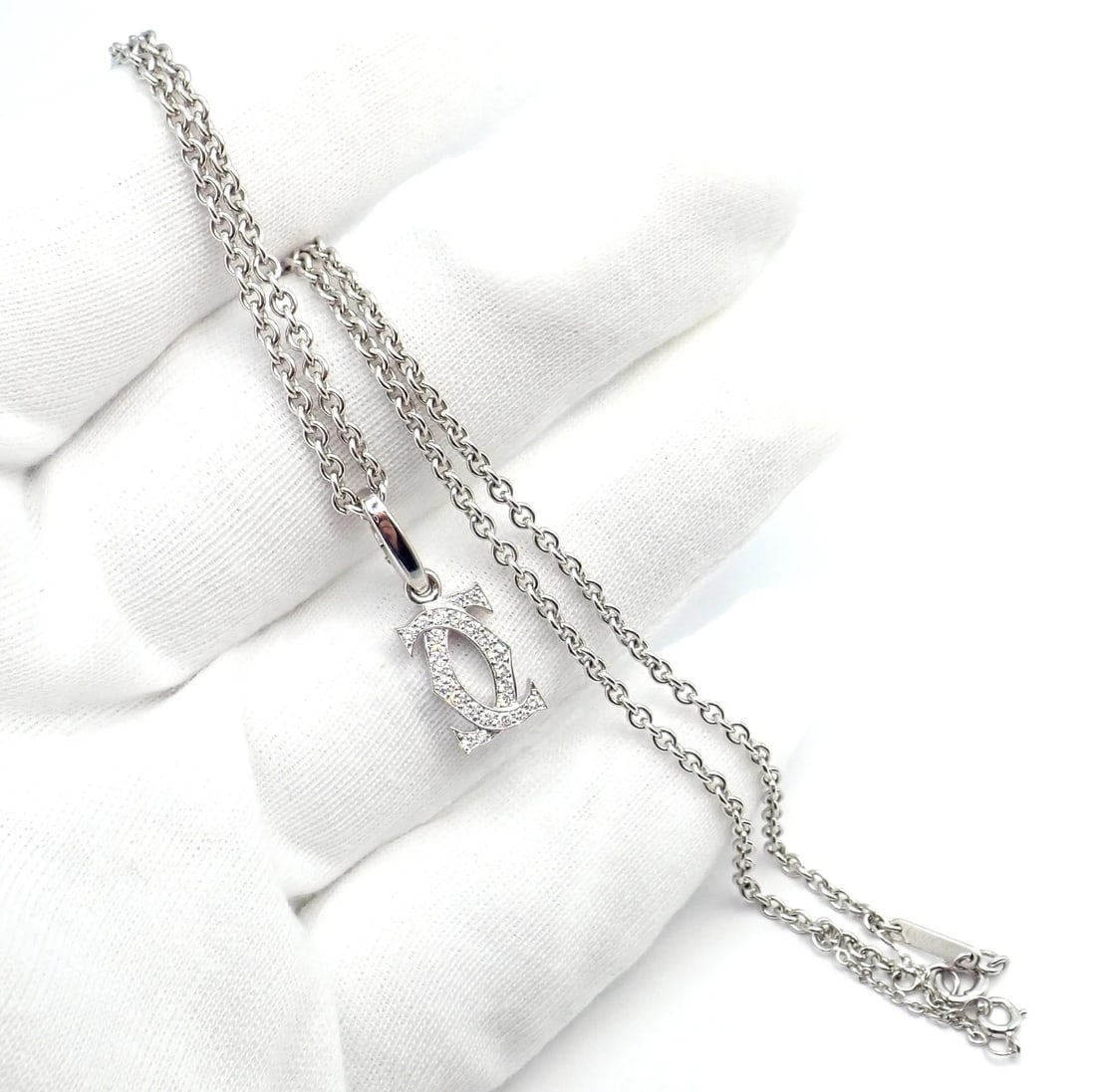 Authentic! Cartier Double C 18k White Gold Diamond Pendant Necklace - 9