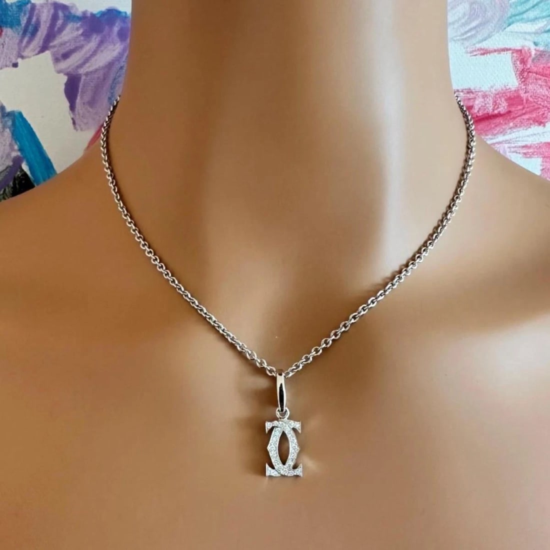 Authentic! Cartier Double C 18k White Gold Diamond Pendant Necklace - 4