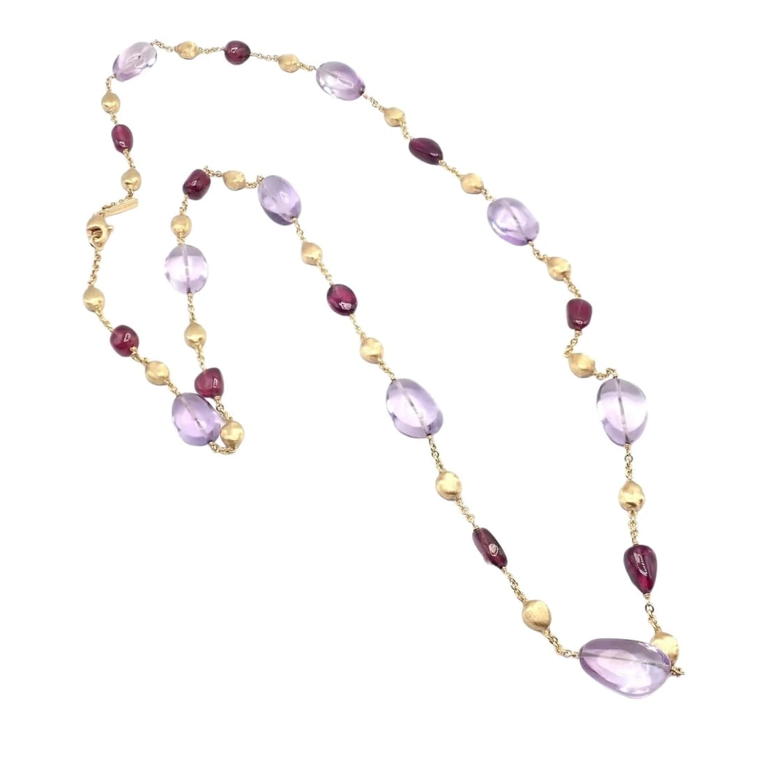 Authentic! Marco Bicego 18k Yellow Gold Amethyst Rhodolite Garnet 31" Necklace: Authentic! Marco Bicego 18k Yellow Gold Amethyst Rhodolite Garnet 31" Necklace About This Piece: The Marco Bicego necklace is a stunning 31" piece crafted from 18k yellow gold. It features vibrant