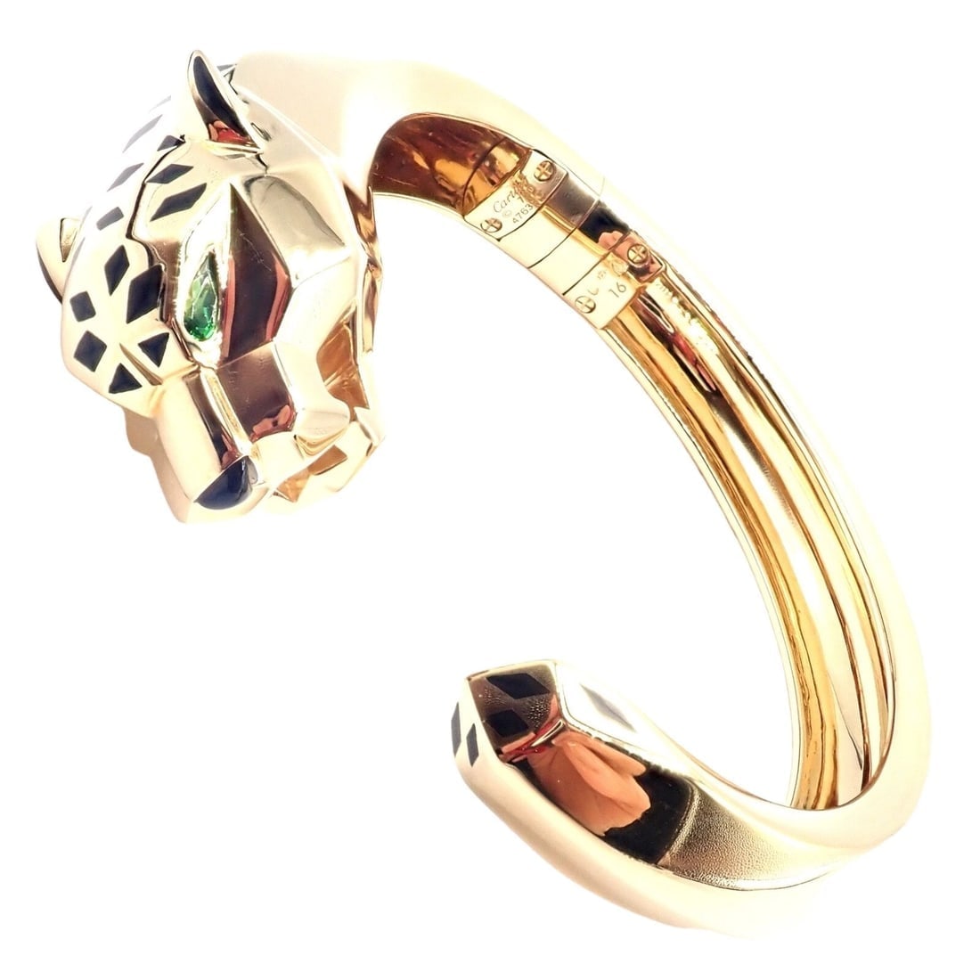 Authentic! Cartier Panther Panthere 18k Yellow Gold Bangle Bracelet Size 16 Cert: Authentic! Cartier Panther Panthere 18k Yellow Gold Bangle Bracelet Size 16 Cert About This Piece: The Cartier Panther Panthere bangle is a luxurious piece, crafted in 18k yellow gold. This size 16 br