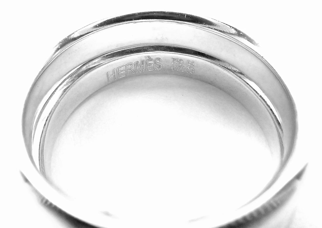 Authentic! Hermes 18k White Gold Diamond H Double Band Flex Band Ring - 9