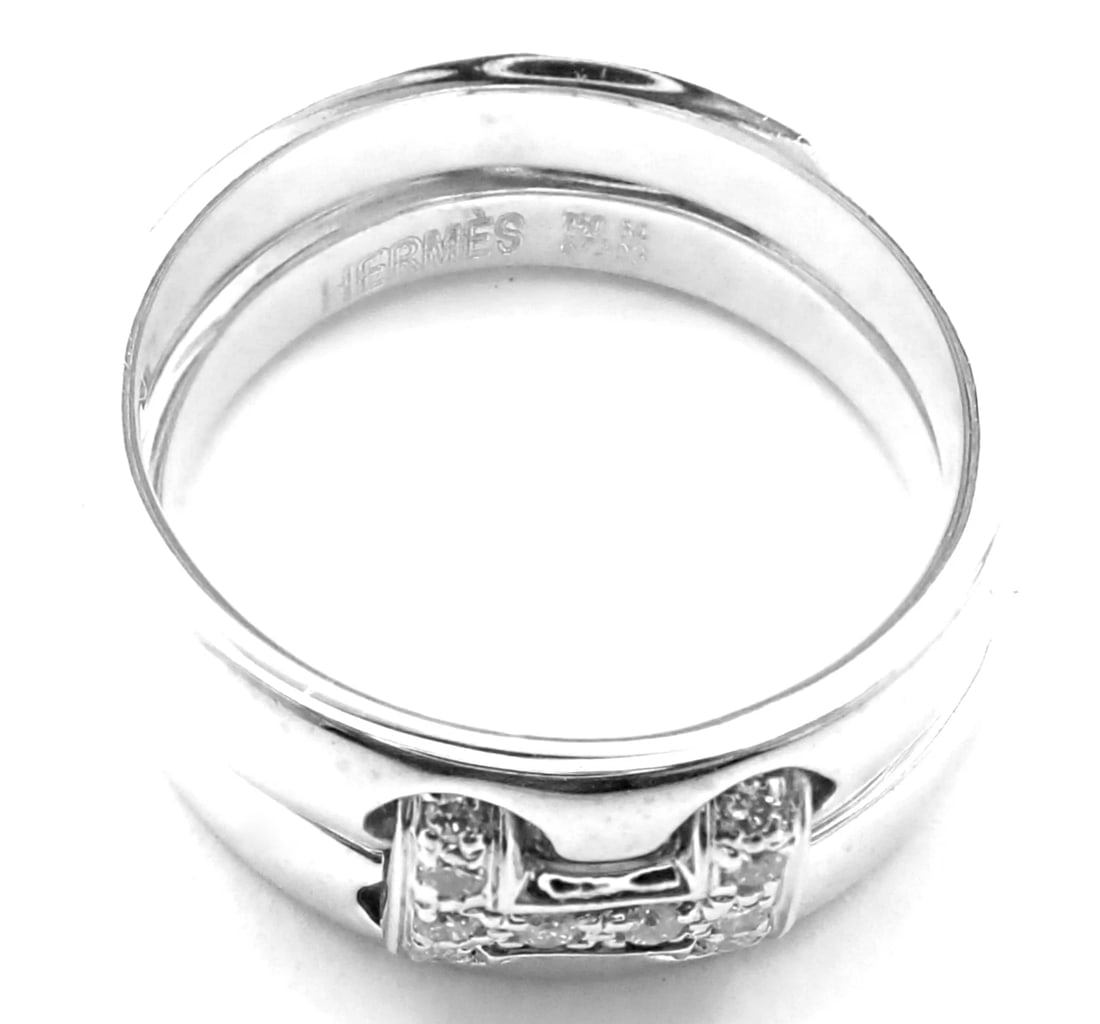 Authentic! Hermes 18k White Gold Diamond H Double Band Flex Band Ring - 8