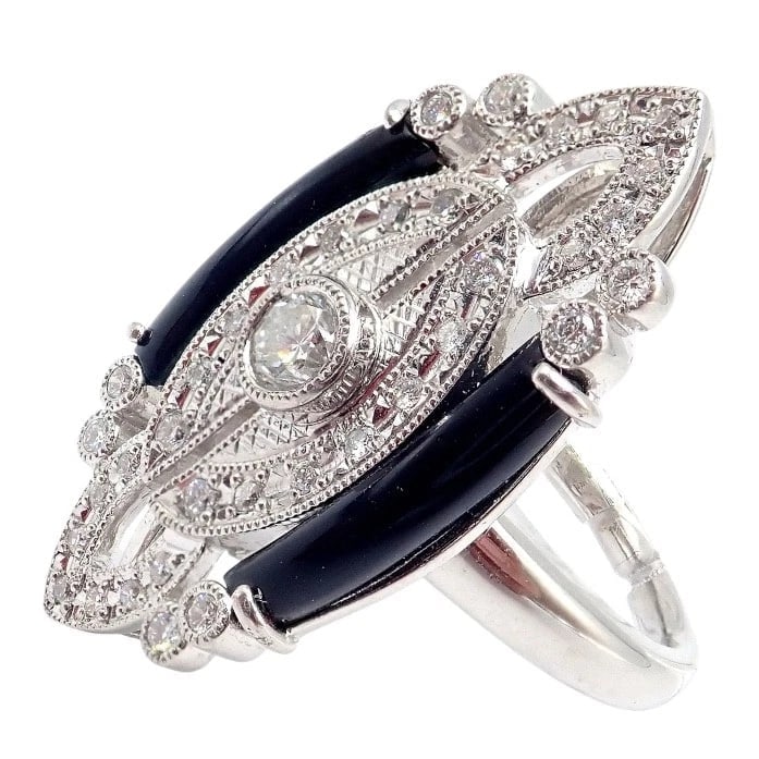 Vintage Estate Platinum Diamond 0.62ctw Onyx Ring sz 7.5 - 13
