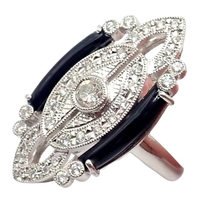 Vintage Estate Platinum Diamond 0.62ctw Onyx Ring sz 7.5 - 14