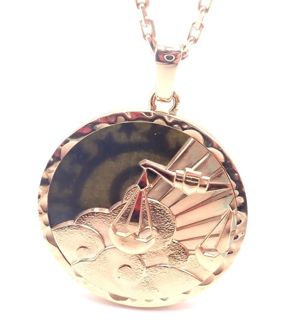 Van Cleef & Arpels Zodiaque18k Rose Gold Libra Pendant Obsidian Necklace Cert. - 10