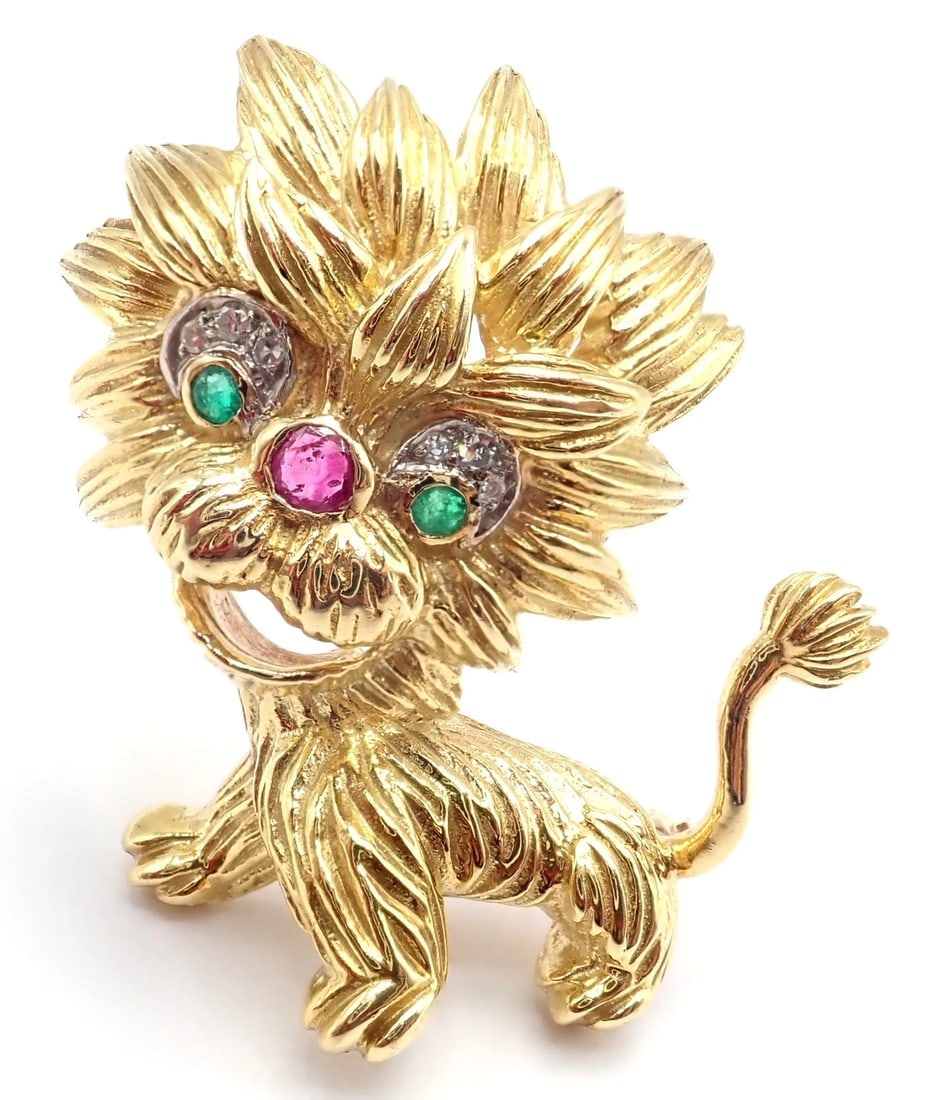 Authentic! Cartier Whimsical Dragon Lion 18k Yellow Gold Diamond Ruby Pin Brooch - 12