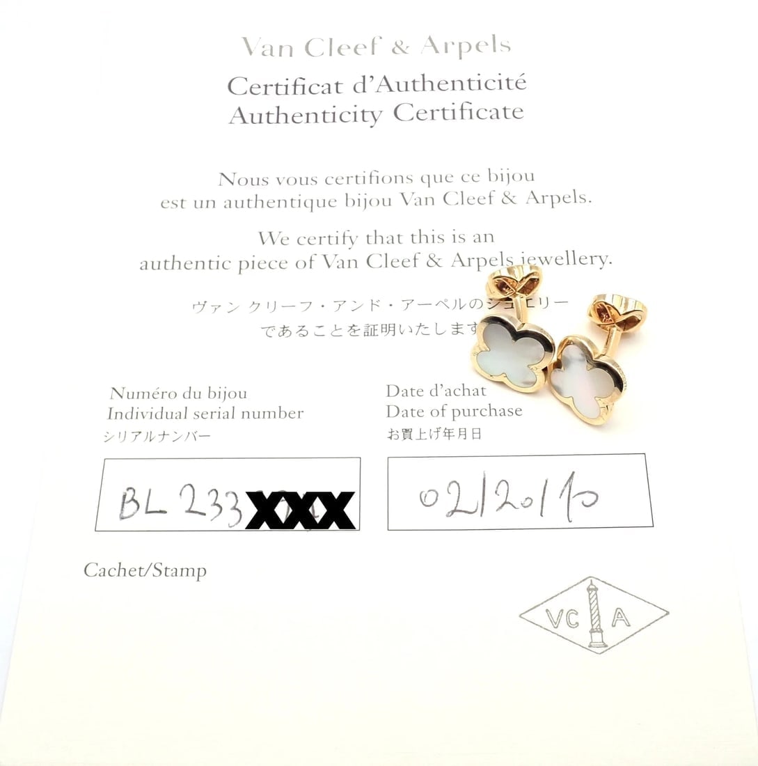 Van Cleef & Arpels 18k Yellow Gold Pure Alhambra Mother Of Pearl Cufflinks Cert. - 11