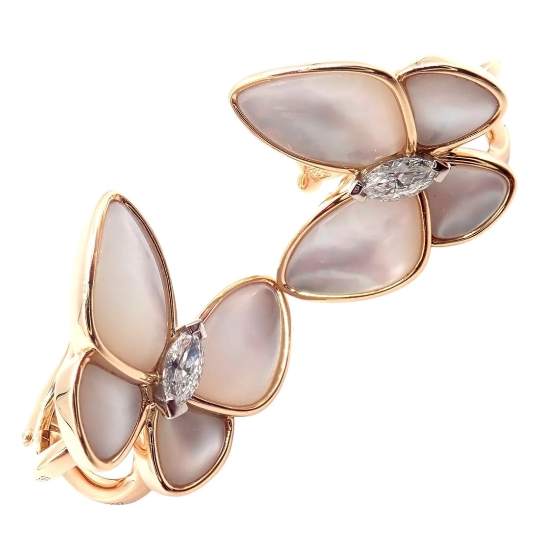 Van Cleef & Arpels 18k Rose Gold Diamond MoP Two Butterfly Earrings Cert: Van Cleef & Arpels 18k Rose Gold Diamond MoP Two Butterfly Earrings Cert About This Piece: These Van Cleef & Arpels Two Butterfly Earrings feature 18k rose gold, luminous mother-of-pearl wings, and