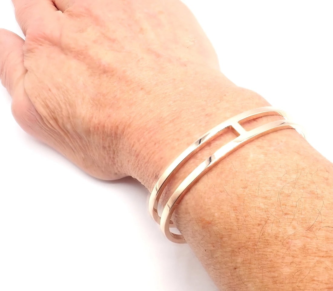 Authentic! Hermes 18k Rose Gold H Open Cuff Bangle Bracelet - 8