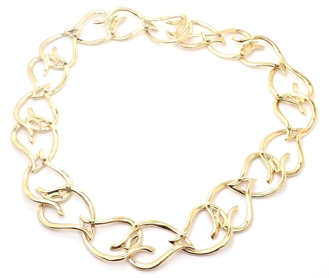 Authentic! VIntage Tiffany & Co 18k Yellow Gold Open Heart Leaf Link Necklace - 3