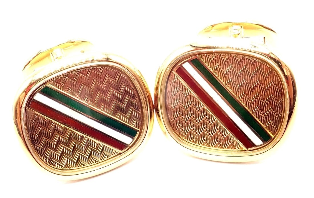 Rare! Patek Philippe 18k Yellow Gold Italian Flag Colors Enamel Large Cufflinks - 12