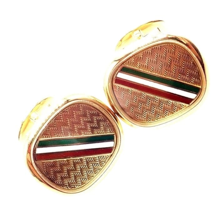 Rare! Patek Philippe 18k Yellow Gold Italian Flag Colors Enamel Large Cufflinks: Rare! Patek Philippe 18k Yellow Gold Italian Flag Colors Enamel Large Cufflinks About This Piece: These luxurious Patek Philippe cufflinks are crafted in 18k yellow gold, featuring bold enamel