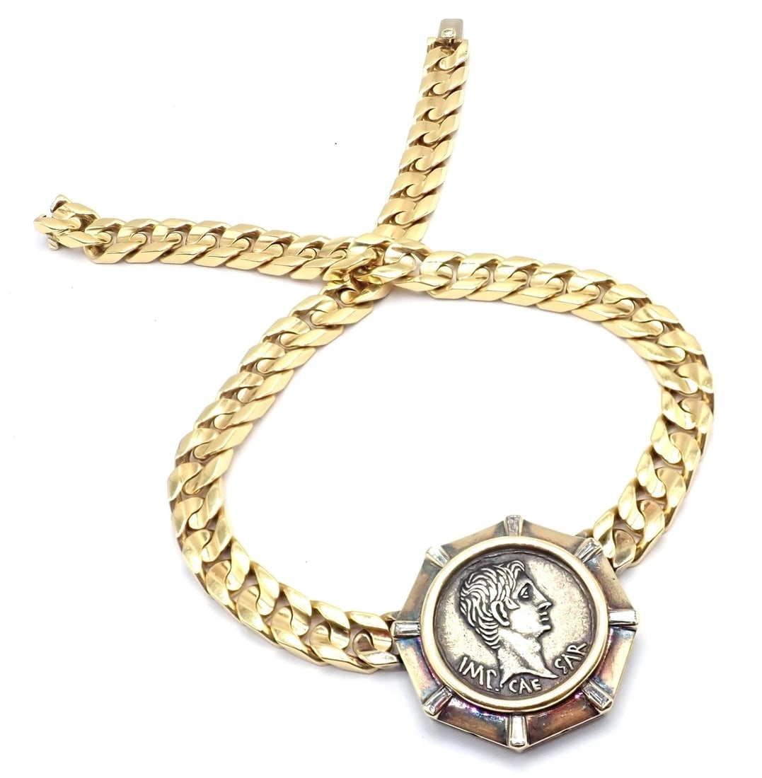 Rare! Bvlgari Bulgari 18k Yellow Gold Diamond Monete Antique Coin Link Necklace - 11