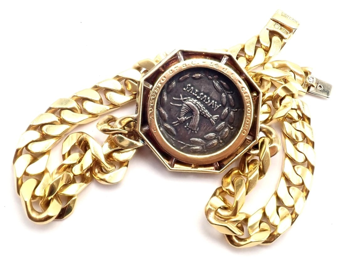 Rare! Bvlgari Bulgari 18k Yellow Gold Diamond Monete Antique Coin Link Necklace - 13