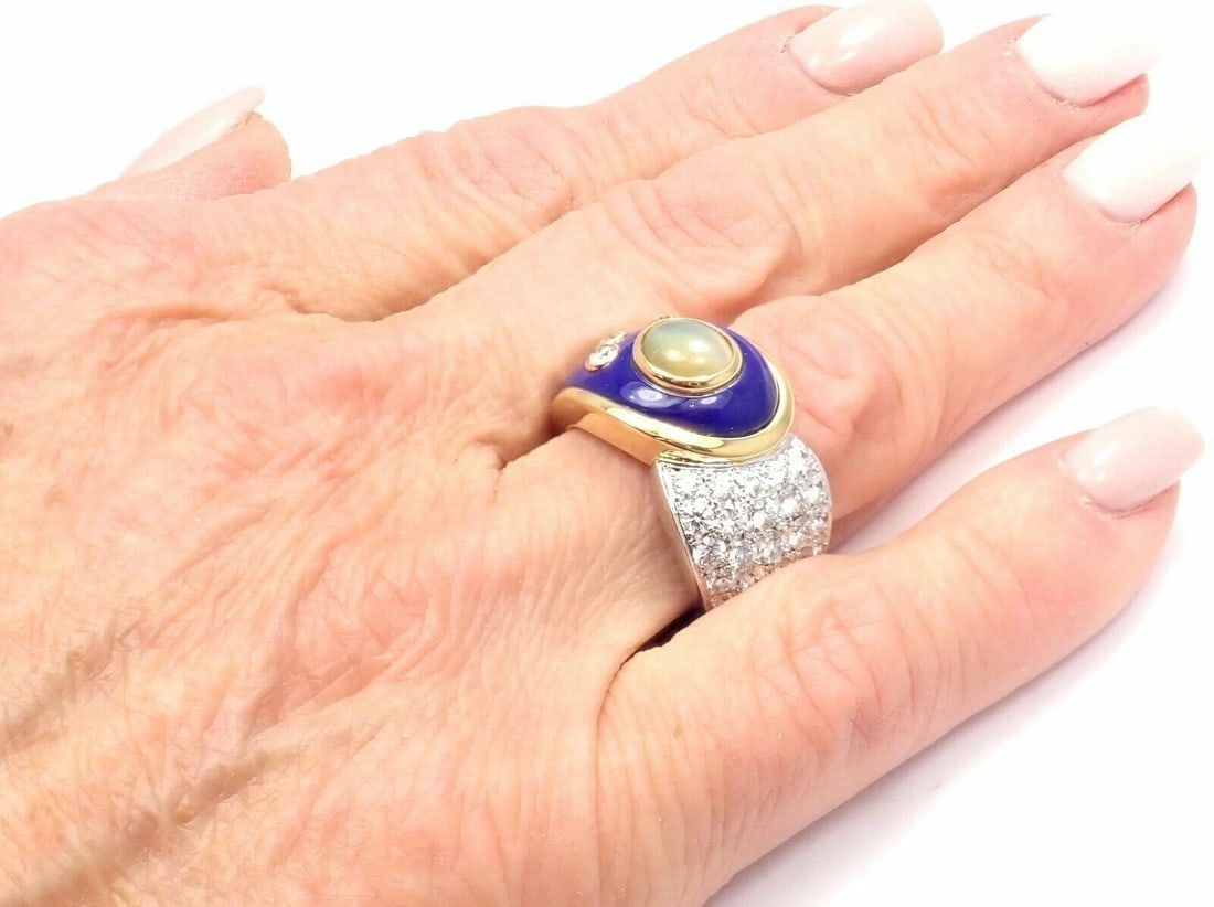 Rare! Authentic Mikimoto Platinum & 18k Gold Diamond Cats Eye Enamel Band Ring - 9