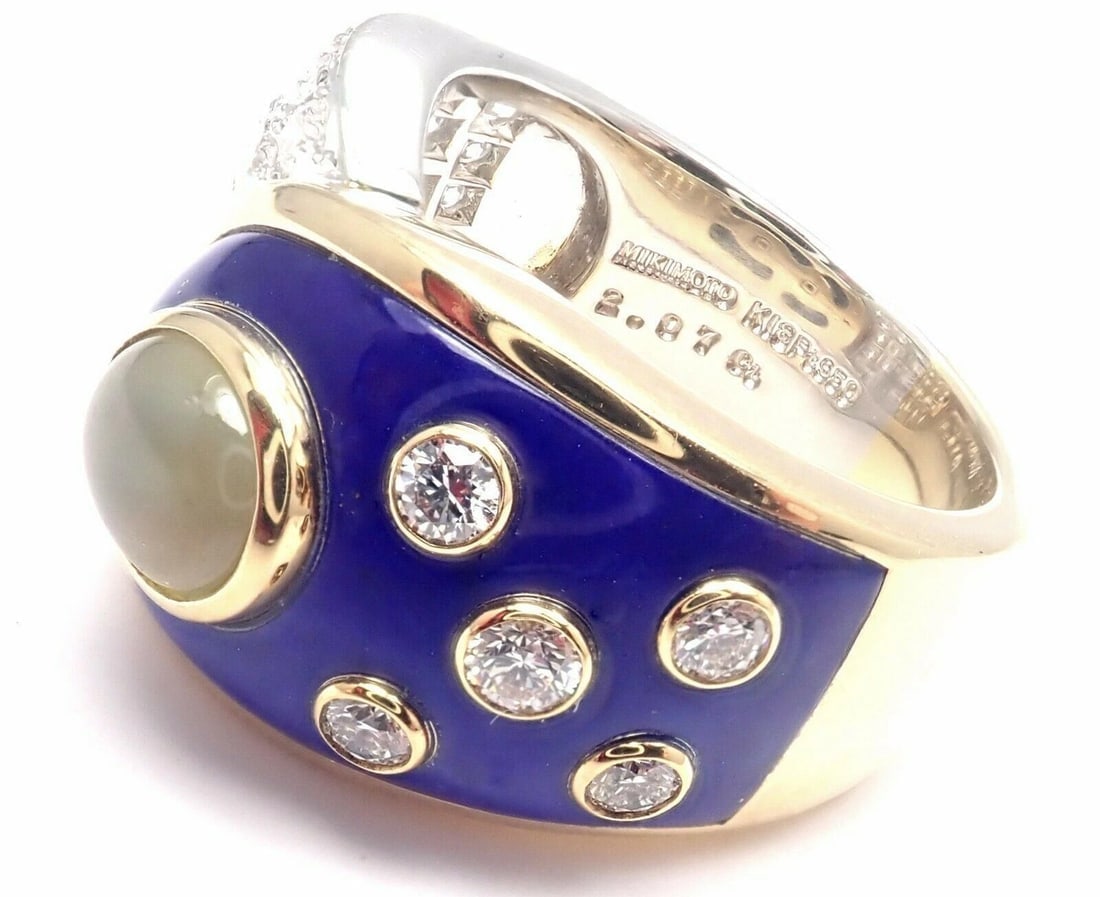 Rare! Authentic Mikimoto Platinum & 18k Gold Diamond Cats Eye Enamel Band Ring - 4