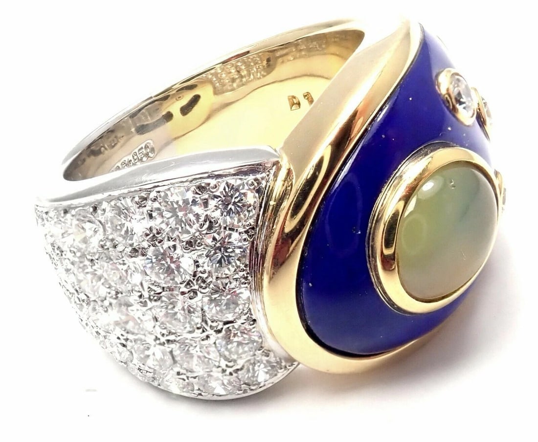 Rare! Authentic Mikimoto Platinum & 18k Gold Diamond Cats Eye Enamel Band Ring - 5
