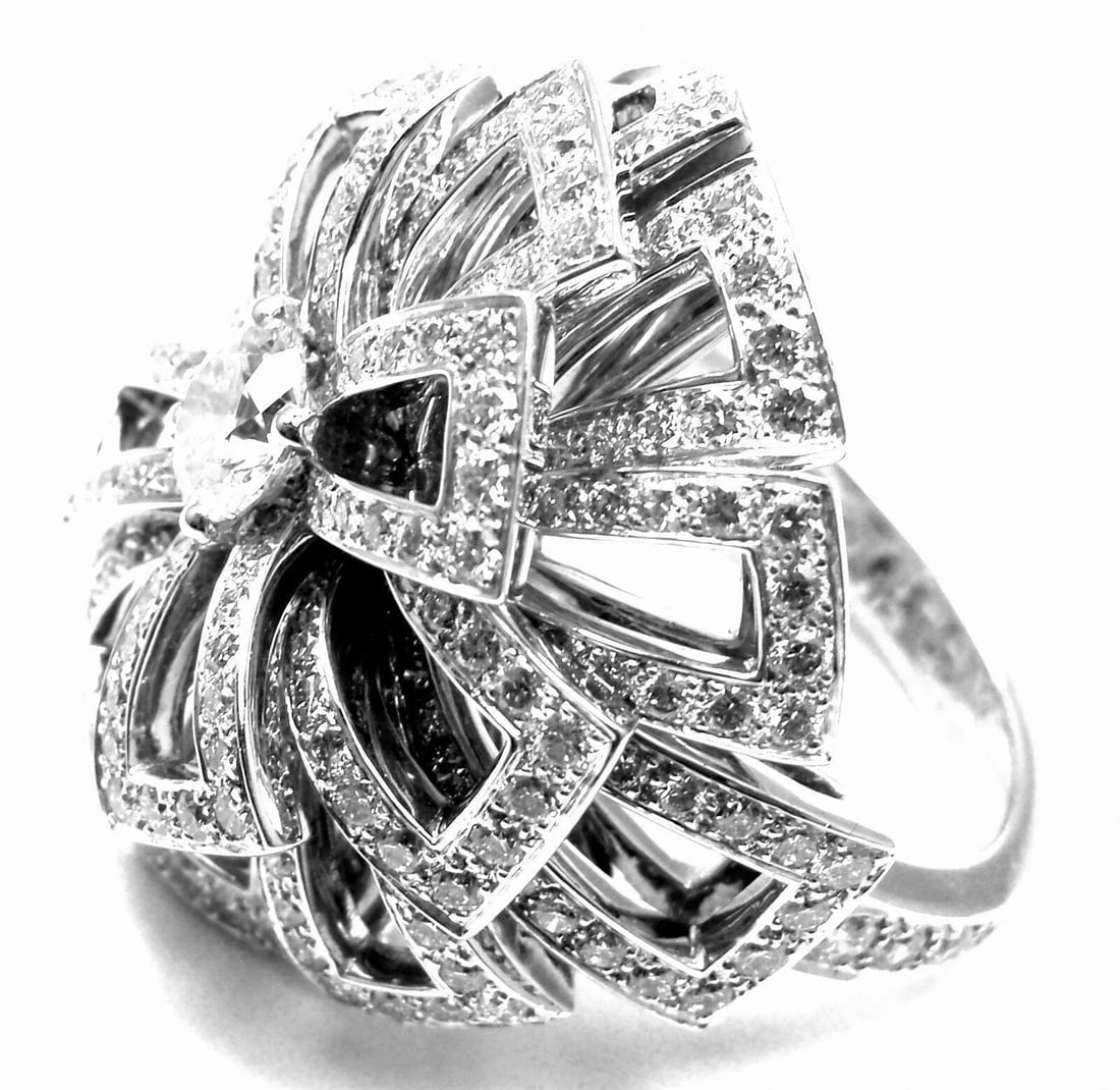 Rare! Authentic Chanel Flower 18k White Gold Diamond Large Ring - 6