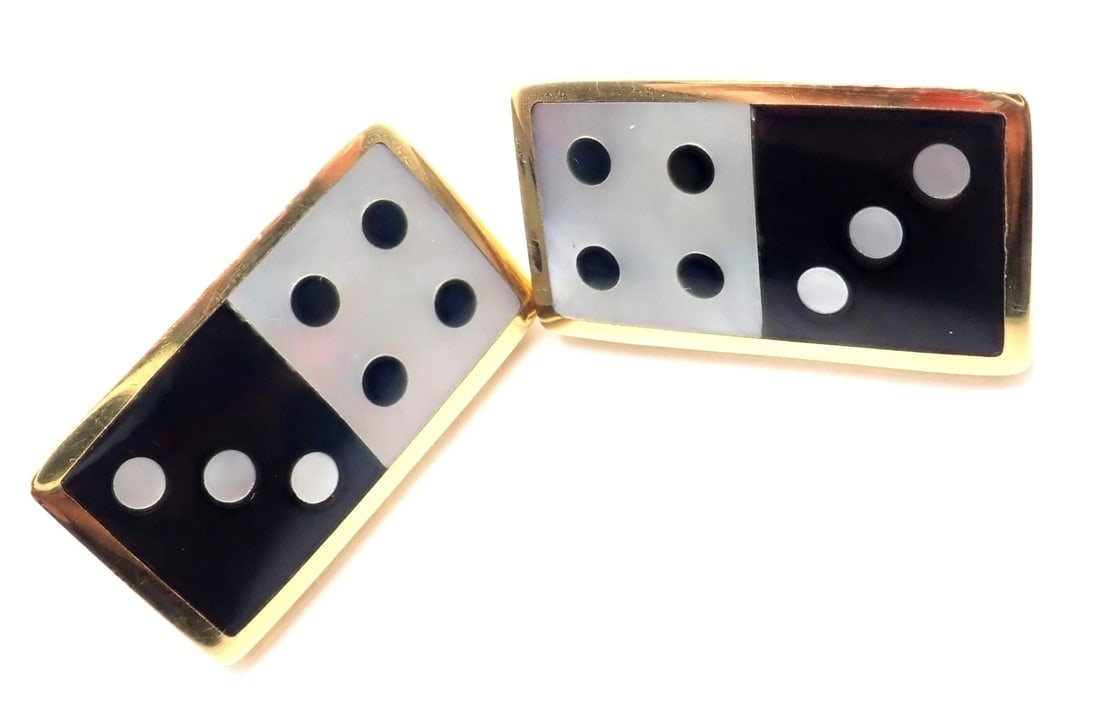 Tiffany & Co Cummings 18k Yellow Gold Inlaid Black Jade MOP Domino Earrings - 10