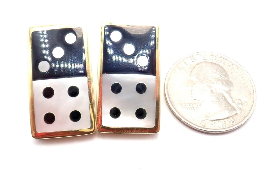 Tiffany & Co Cummings 18k Yellow Gold Inlaid Black Jade MOP Domino Earrings - 11