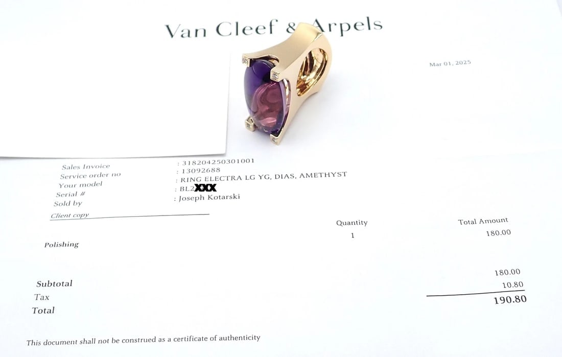 Van Cleef & Arpels Electra 18k Yellow Gold Diamond Large Amethyst Ring Paper - 8