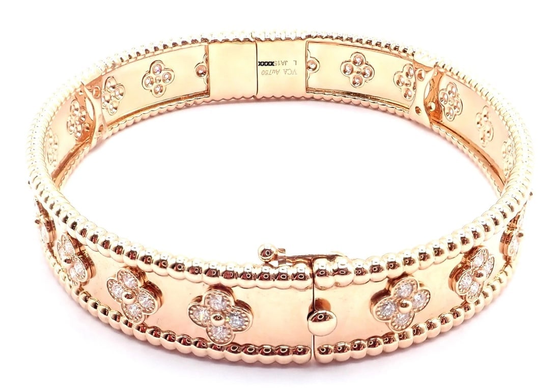 Authentic! Van Cleef & Arpels 18k Rose Gold Diamond Clovers Bangle Bracelet - 5