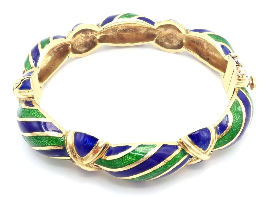 Authentic Vintage Tiffany & Co 18k Yellow Gold Green Blue Enamel Bangle Bracelet - 9