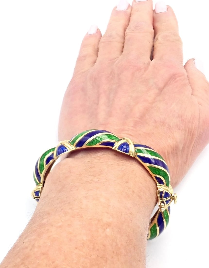 Authentic Vintage Tiffany & Co 18k Yellow Gold Green Blue Enamel Bangle Bracelet - 10