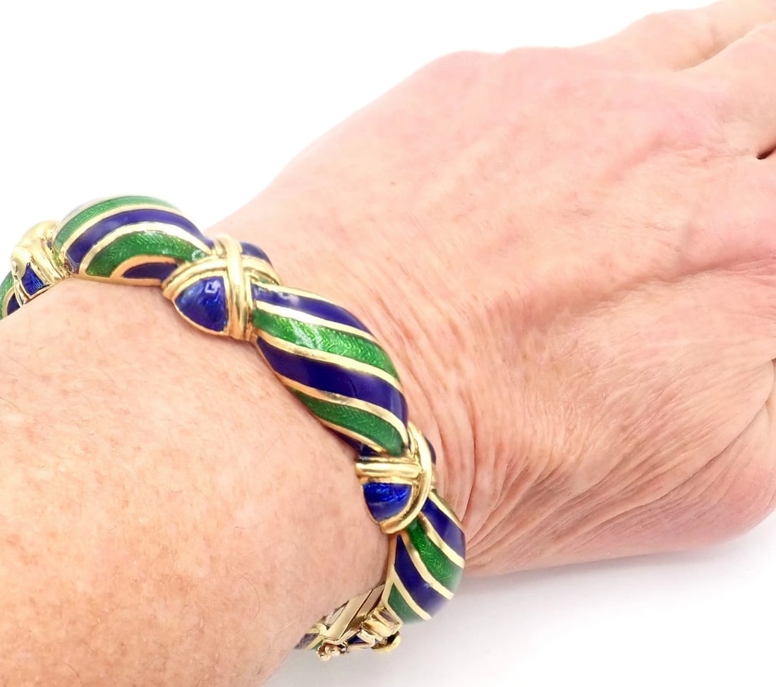 Authentic Vintage Tiffany & Co 18k Yellow Gold Green Blue Enamel Bangle Bracelet - 11