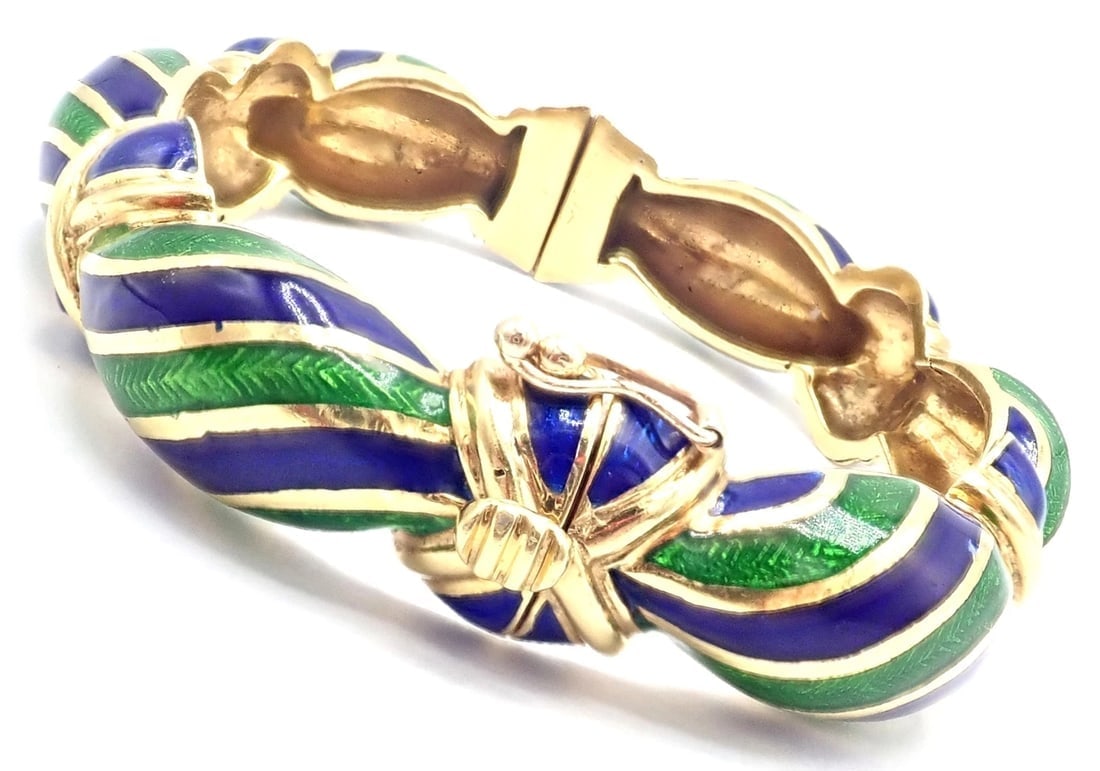 Authentic Vintage Tiffany & Co 18k Yellow Gold Green Blue Enamel Bangle Bracelet - 3