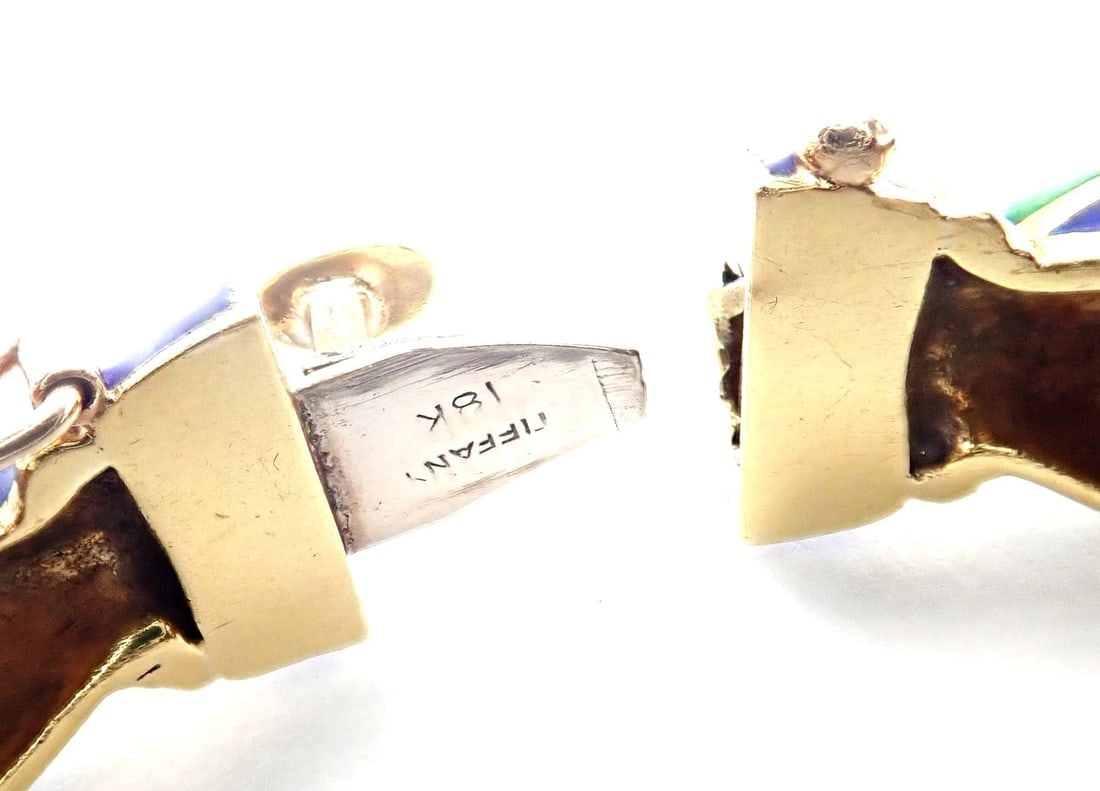 Authentic Vintage Tiffany & Co 18k Yellow Gold Green Blue Enamel Bangle Bracelet - 8