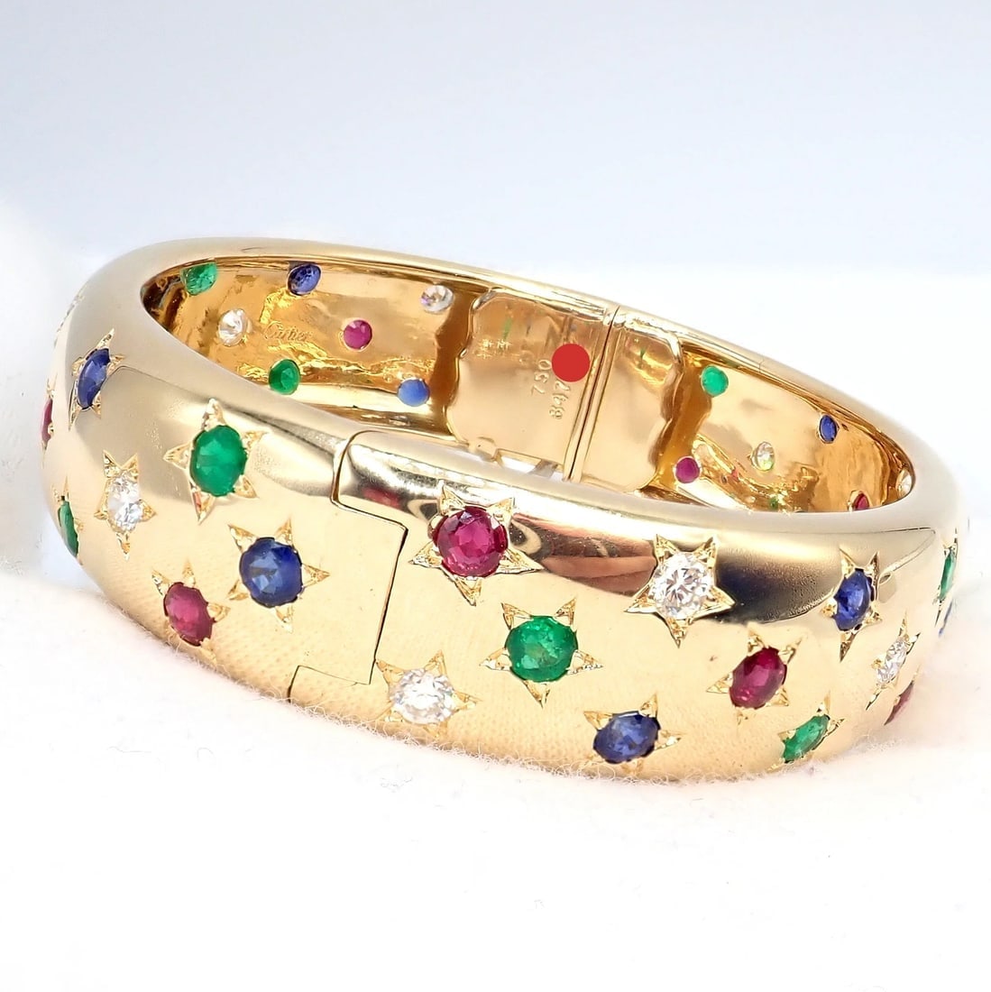 Cartier Star 18k Yellow Gold Diamond Ruby Emerald Sapphire Bangle Bracelet Cert. - 10