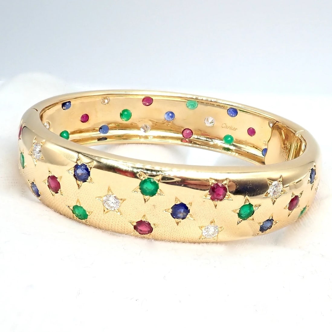 Cartier Star 18k Yellow Gold Diamond Ruby Emerald Sapphire Bangle Bracelet Cert. - 11