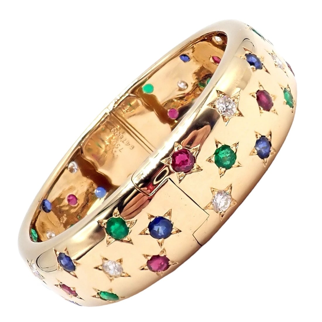 Cartier Star 18k Yellow Gold Diamond Ruby Emerald Sapphire Bangle Bracelet Cert. - 4