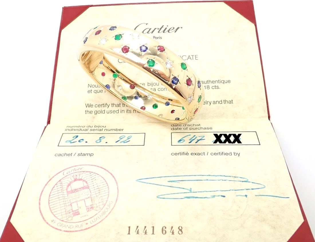 Cartier Star 18k Yellow Gold Diamond Ruby Emerald Sapphire Bangle Bracelet Cert. - 5