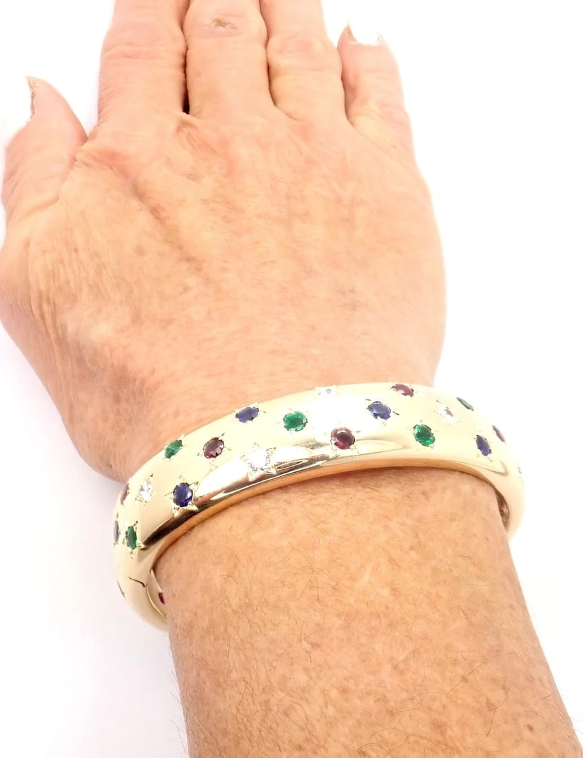 Cartier Star 18k Yellow Gold Diamond Ruby Emerald Sapphire Bangle Bracelet Cert. - 7