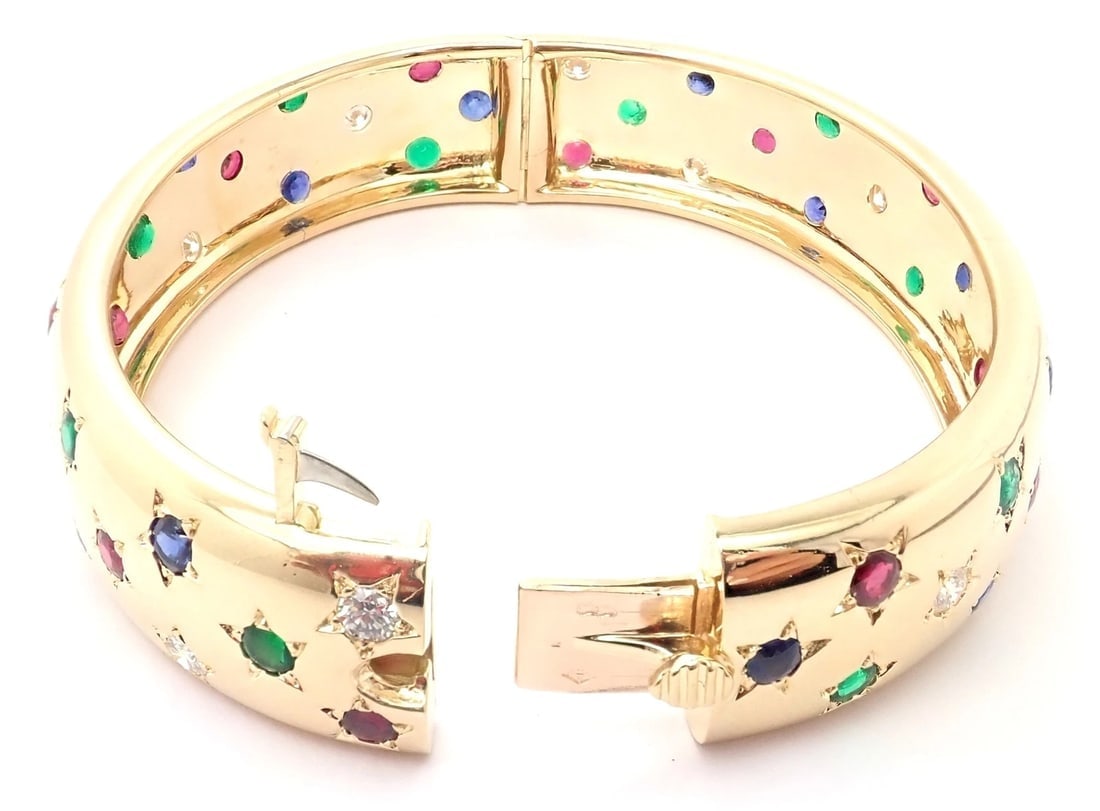 Cartier Star 18k Yellow Gold Diamond Ruby Emerald Sapphire Bangle Bracelet Cert. - 8