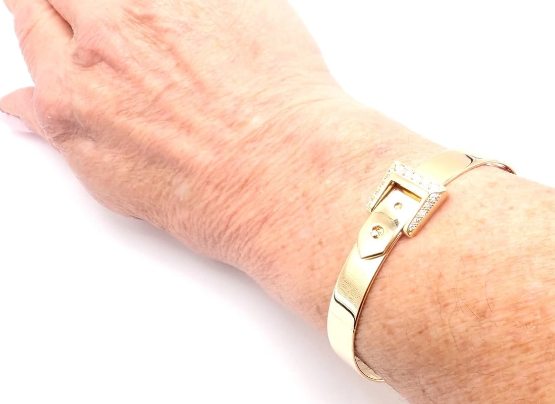 Authentic! Hermes 18k Yellow Gold Diamond Buckle Bangle Bracelet - 8