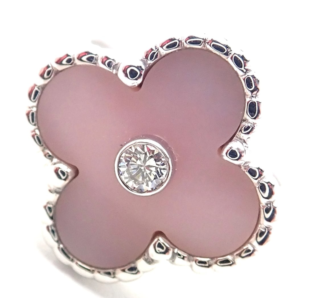 Authentic Van Cleef & Arpels Alhambra 18k White Gold Pink Opal Diamond Ring Cert - 2