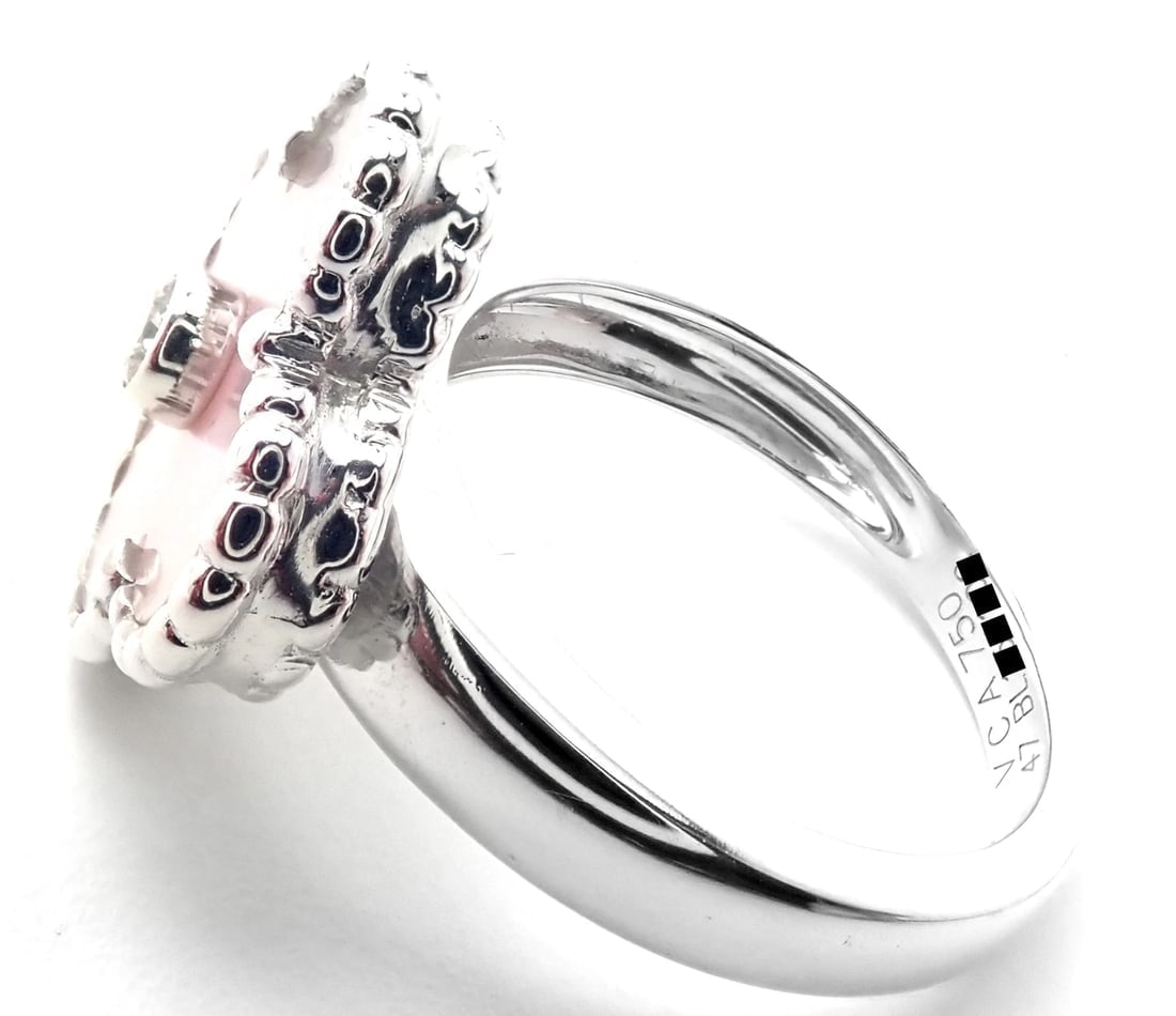 Authentic Van Cleef & Arpels Alhambra 18k White Gold Pink Opal Diamond Ring Cert - 5