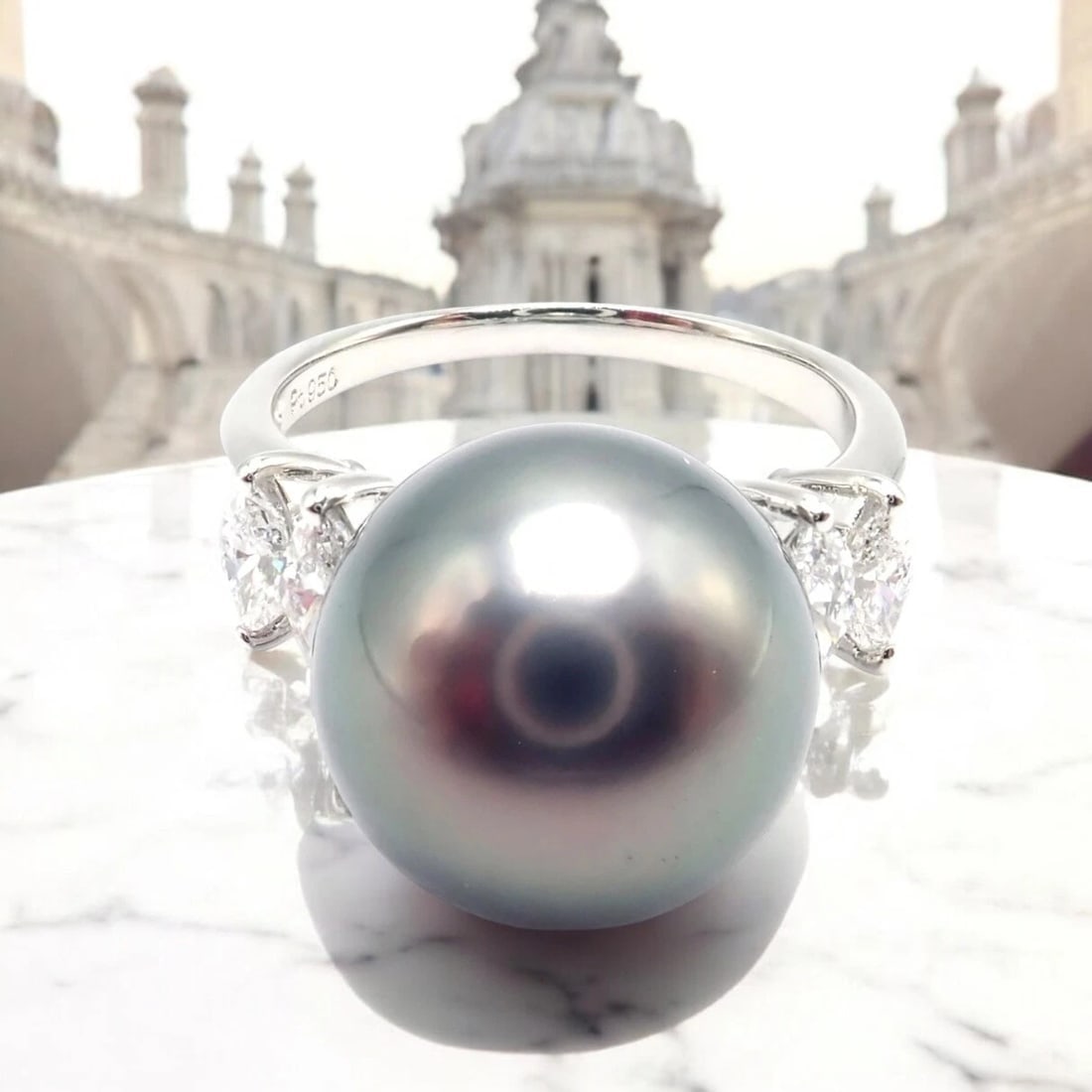 Authentic! Mikimoto Platinum Tahitian Pearl Diamond Ring - 3