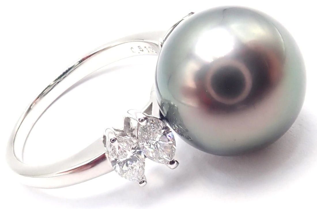 Authentic! Mikimoto Platinum Tahitian Pearl Diamond Ring - 4