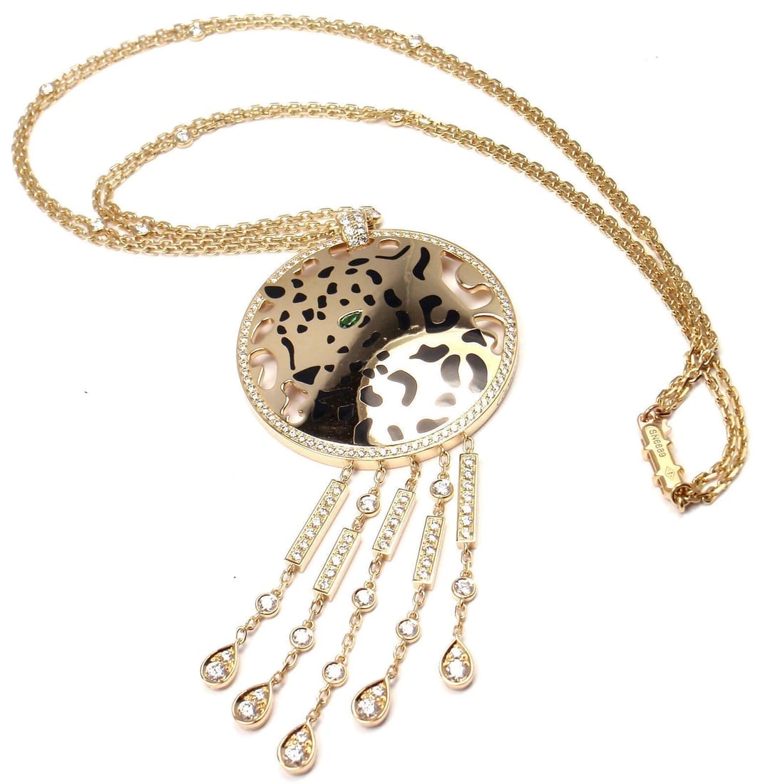 Authentic! Cartier Panther 18k Yellow Gold Diamond Tsavorite Lacquer Necklace: Authentic! Cartier Panther 18k Yellow Gold Diamond Tsavorite Lacquer Necklace About This Piece: This necklace comes with original Cartier box. Retail Price: $42,000 Metal: 18k Yellow Goold Measurement