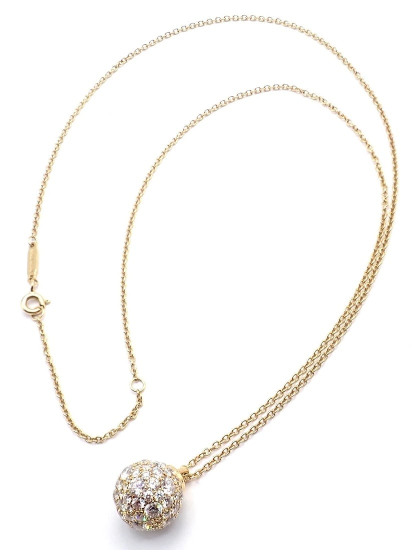 Authentic! Tiffany & Co 18k Yellow Gold Hardware Diamond Ball Pendant Necklace - 11