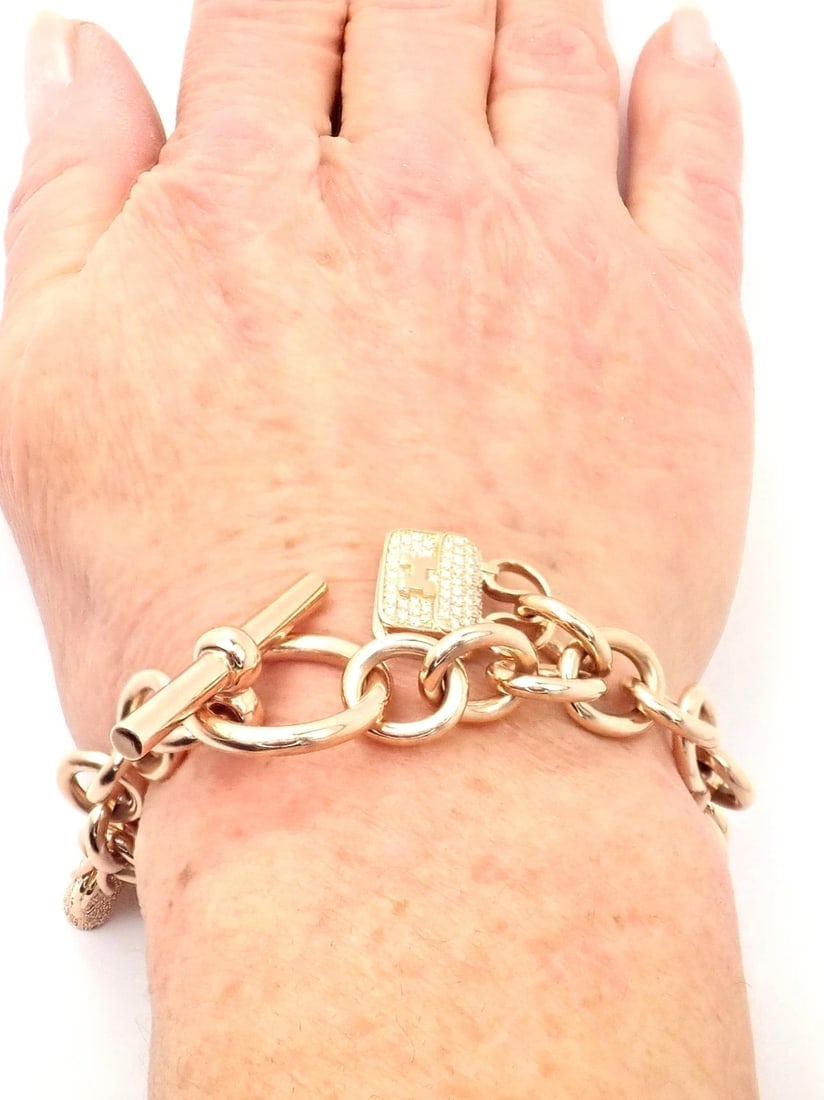Authentic! Hermes 18k Rose Gold Diamond Signature Iconic Bag Charm Link Bracelet - 11