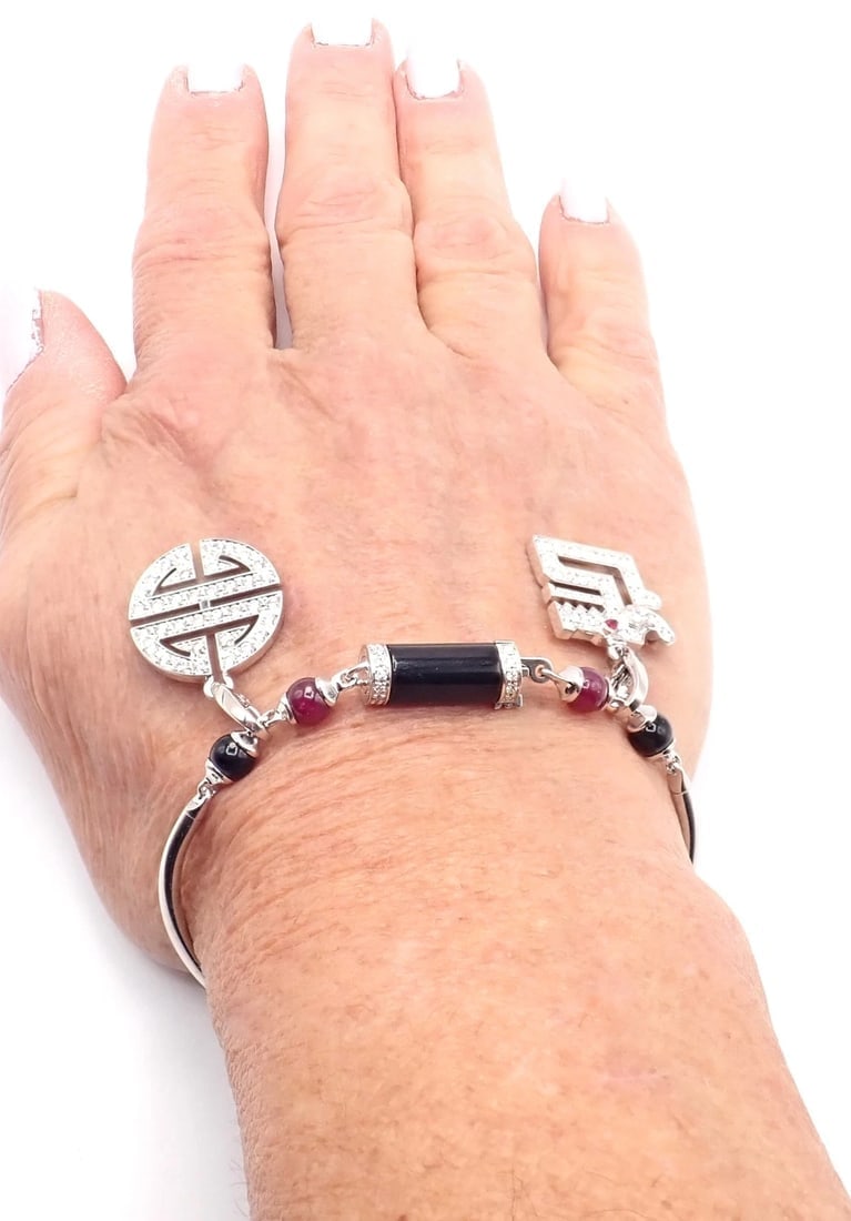 Cartier Le Baiser Du Dragon 18k Gold Diamond Ruby Onyx 2 Charms Bangle Bracelet - 11