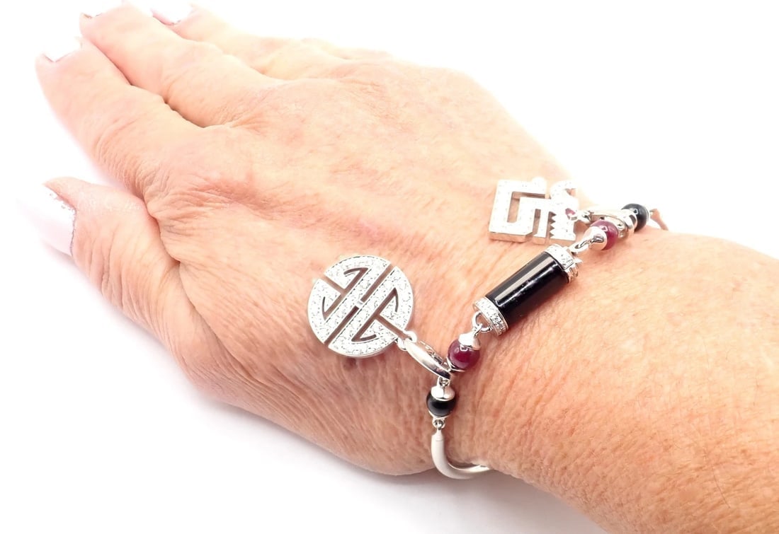 Cartier Le Baiser Du Dragon 18k Gold Diamond Ruby Onyx 2 Charms Bangle Bracelet - 12
