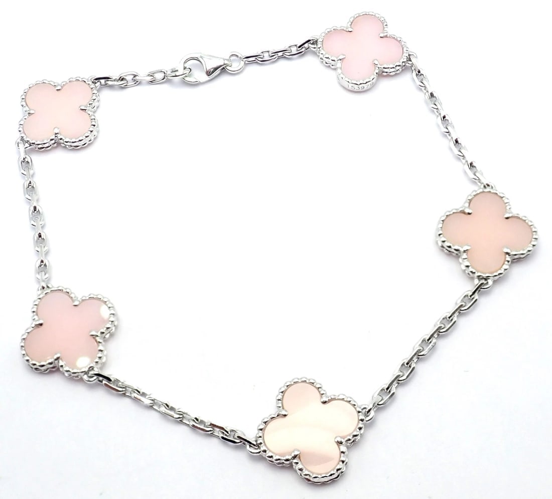 Authentic! Van Cleef & Arpels Alhambra 18k White Gold Pink Opal Bracelet Cert. - 11