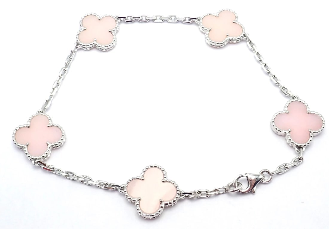 Authentic! Van Cleef & Arpels Alhambra 18k White Gold Pink Opal Bracelet Cert. - 13